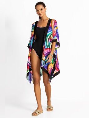 NWT Johnny Was Swim Multicolor Swirl Print Short Kimono with Black Trim, S/M